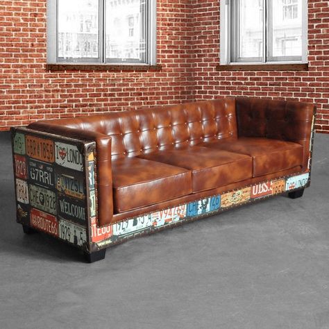 Vintage Industrial Loft 3-Seater Sofa Tufted Brown Faux Leather Upholstered Sofa Capitone Sofa, Industrial Decor Living Room, Midcentury Art, Simple Sofa, Vintage Industrial Decor, Vintage Industrial Furniture, Home Architecture, Automotive Decor, Leather Couch