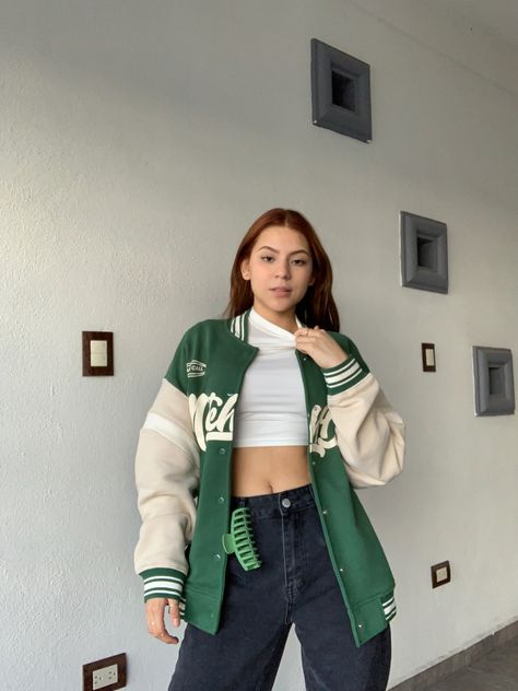 Green Baseball Jacket Outfit, Varsity Photoshoot, Baseball Jacket Outfit, Prom Jacket, Senior Jackets, Match Day, Aesthetic Women, Cold Weather Outfits, Cute Comfy Outfits