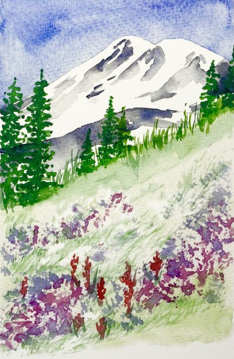 This watercolor of Mt. Rainier in Washington is a print of an original painting by Jeanne Anderson. Mt Rainier Watercolor, Mt Rainier Painting, Minneapolis Apartment, Caillou Roche, Mountain Watercolor, Mountain Scenes, Mountain Flowers, Large Landscape Painting, Landscape Watercolour