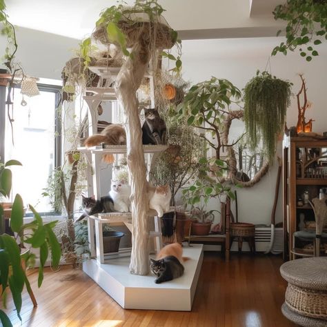 #diy #cats #cattree #diycattree #neutraldecor #houseplants Real Branch Cat Tree, Cat Living Space Ideas, Aesthetic Cat Tower, Squirrel Enclosure, Cat Spaces In Home, Kitty Tips, Aviary Ideas, Magic Cottage, Katt Diy