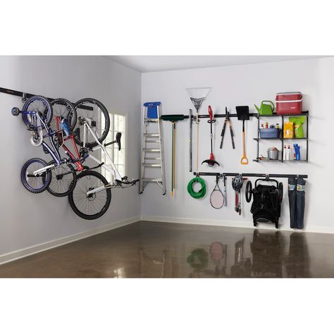 Rubbermaid FastTrack Garage 20-Piece Black/Silver Steel Multipurpose Storage Rail System in the Slatwall & Rail Storage Systems department at Lowes.com Rubbermaid Fast Track Garage, Rubbermaid Fast Track, Rail Shelving, Garage Storage Wall, Metal Storage Bins, Garage Systems, Stackable Bins, Metal Shelving Units, Garage Accessories