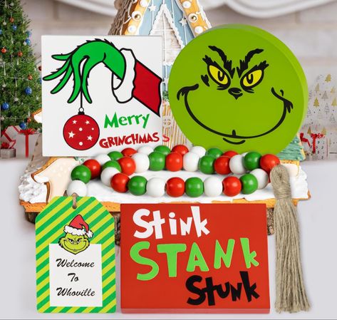 Grinch Christmas Decorations - Christmas Tiered Tray Decor - Green Christmas Wood Signs Bead Garland - Farmhouse Grinch Decor for Table Mantel Xmas : Home & Kitchen Merry Grinchmas Sign, Christmas Boxes Decoration, Christmas Wood Signs, Decor For Table, Christmas Tiered Tray Decor, Grinch Decorations, Christmas Tiered Tray, Grinch Christmas Decorations, Holiday Garlands