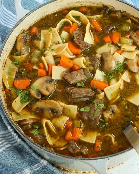 Beef Noodle Soup Small Town Woman, White Button Mushrooms, Noodle Soup Recipe, Beef Noodle Soup, Winter Comfort Food, Button Mushrooms, Salad Pasta, Beef Stew Meat, Stew Meat