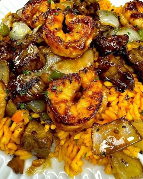 Easy and Delicious Weeknight Dinners | Jerk steak & shrimp over tropical rice pilaf 🔥 | Facebook Jerk Chicken And Shrimp, Shrimp With Rice Recipes, Jerk Steak And Shrimp Over Yellow Rice, Jerk Chicken And Shrimp Over Yellow Rice, Soul Food Dinner Party, Oxtail Fried Rice With Jerk Shrimp, Shrimp And Rice Recipes, Healthy Breakfast Meal Prep, Jamician Chicken Jerk