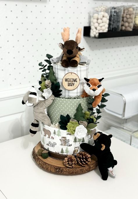 Large Sage Green and Gray Woodland Diaper Cake Baby Shower Birthday Baby Sprinkle Gift / Centerpiece - Etsy Woodland Theme Diaper Cake Boy, Dinasour Baby Shower Centerpiece, Woodland Theme Diaper Cake, Woodlands Baby Shower Theme, Woodsy Baby Shower Ideas, Jungle Theme Diaper Cake, Woodland Diaper Cake, Safari Diaper Cake, Fall Diaper Cake