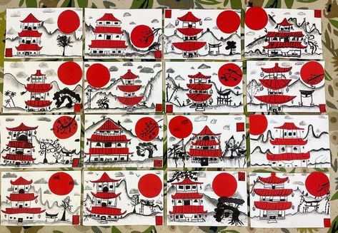 School • Instagram Asian Art Projects, Neoclassical Art, Japanese Pagoda, Art Education Lessons, Sakura Art, 5th Grade Art, Art Lessons For Kids, Elementary Art Projects, Art Lessons Elementary