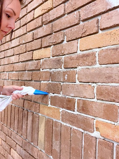 Brick Veneer Wall Tutorial - Remington Avenue Brick Veneer Wall, Interior Brick, Brick Projects, Stencil Decor, Outdoor Kitchen Bars, Drywall Screws, Brick Veneer, Simply White, Painted Brick