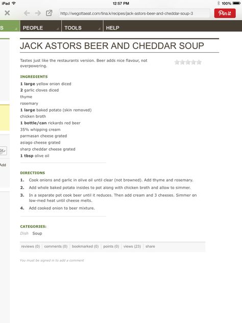 Beer and cheddar soup Jack Astors Beer And Cheddar Soup, Beer And Cheddar Soup, Beer Cheddar Soup, Beer Soup, Potato Skin, Things To Do At Home, Cheddar Soup, Pot Meals, Yummy Foods