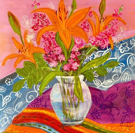 Tiger Lilies, Expressive Still Life Floral Painting, Colorful Original Flower Art, “TIGER LILIES ON TABLE TOP” by Texas Contemporary Artist Jill Haglund,This original painting is 24"x24"x.75" Acrylic on Canvas-Framed and is currently available. 4x4 Painting, Botanical Inspiration, Tiger Lilies, Contemporary Artist, Tiger Lily, Still Life Painting, Floral Botanical, Abstract Floral, Oil Pastel