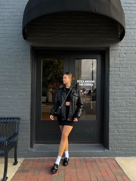 Leather Jacket With Loafers, Leather Jacket Loafer Outfit, Shiny Black Loafers Outfit, Leather Jacket And Loafers Outfit, Loafers And Leather Jacket, Black Leather Loafers Outfit, Hailey Bieber Loafers, Loafers And Socks Outfits, Hailey Bieber Leather Jacket