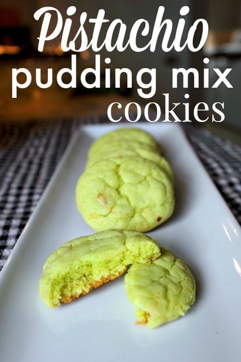 Soft and chewy pistachio cookies made with cake mix and pudding mix! Perfect for St. Patrick's day or anytime! Pudding Mix Cookies, Cake Mix And Pudding, Cookies With Cake Mix, Pistachio Pudding Cake, Pistachio Pudding Cookies, Pistachio Recipes, Plain Cookies, Pistachio Cookies, Easy Christmas Cookie Recipes