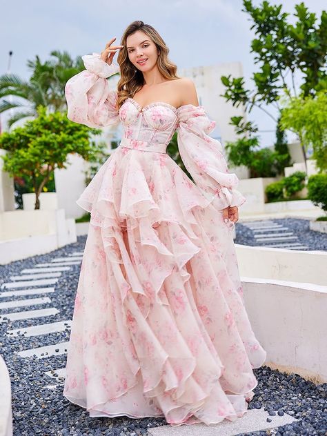 Cottagecore Flowy Dress, Women Dress Poses, Floral Gown Designs, Flowers Dress Outfit, Fluffy Prom Dresses, Pink Cottagecore Dress, Whimsy Dress, Puffy Prom Dress, Flower Outfits