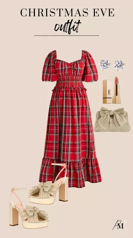 Perfect outfit for Christmas Eve smocked puff sleeve dress loeffler randall platform Christmas Eve Dress, Christmas Eve Outfit, Outfit For Christmas, Christmas Eve Service, Dress For Christmas, Teen Dress, Eve Outfit, Puff Sleeve Dress, Loeffler Randall