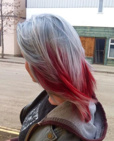 Grey Red Hair Color Combos, Red And Grey Hair Color Ideas, Grey Hair Red Highlights, Red Highlights On Grey Hair, Silver To Red Ombre Hair, Grey And Red Hair Color Combos, Gray Red Hair, Grey Red Hair, Silver Red Hair