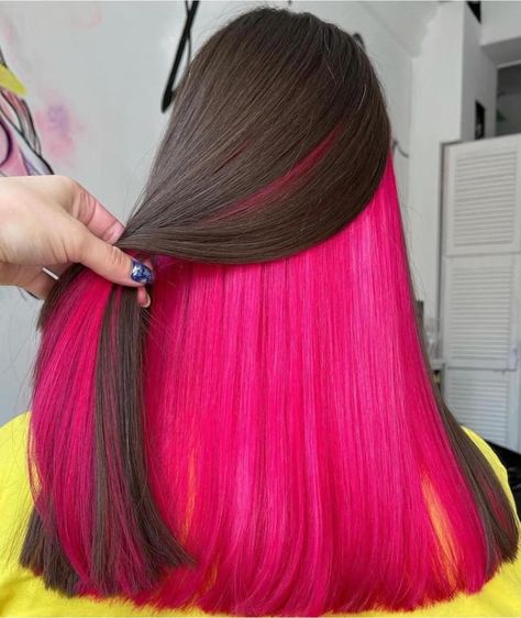 Brown Hair With Bright Red Underneath, Peekaboo Hot Pink Hair, Hot Pink Underdye Hair, Hot Pink Hair Dye Ideas, Dye Under Hair, Hot Pink Underneath Hair, Pink Under Hair, Hot Pink Peekaboo Hair, Red Underdye Hair