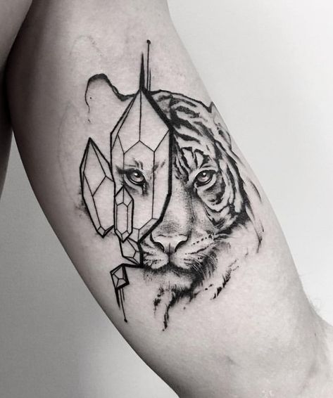 Geometric Tiger Tattoo, Playboy Tattoo, Calf Tattoo Ideas, Calf Tattoo Men, Black Dragon Tattoo, Tiger Tattoo Sleeve, Full Hand Tattoo, Lower Leg Tattoos, Black Skull Tattoo