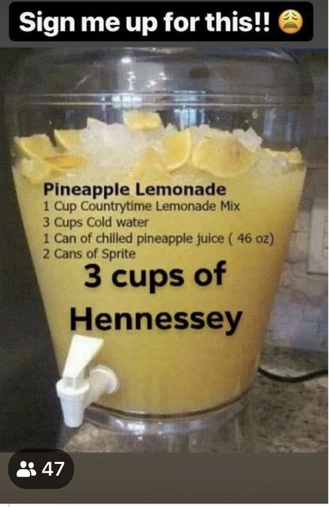 Hennessy Drinks, Fun Drinks Alcohol, Pineapple Lemonade, Alcholic Drinks, Cocktail Drinks Alcoholic, Party Drinks Alcohol, Mixed Drinks Alcohol, Yummy Alcoholic Drinks, Liquor Drinks