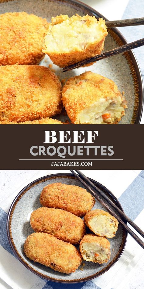 These Beef Croquettes are crispy on the outside with creamy and soft interior. Whether eaten hot or cold, these croquettes are a guaranteed crowd pleaser. Japanese Croquette Recipe, Beef Croquettes Recipe, Beef Croquettes, Japanese Croquette, Beef Pot Pie Recipe, Potato Croquette Recipe, Veggie Cakes, Croquettes Recipe, Snack Display