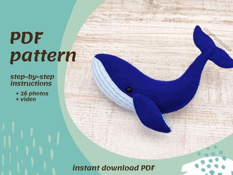 Easy sewing patterns blue whale felt stuffed animal sea | Etsy Felt Whale, Nautical Mobile, Felt Tutorial, Sewing Template, Text Tutorial, Creature Marine, Toy Sewing, Sewing Templates, Whale Pattern