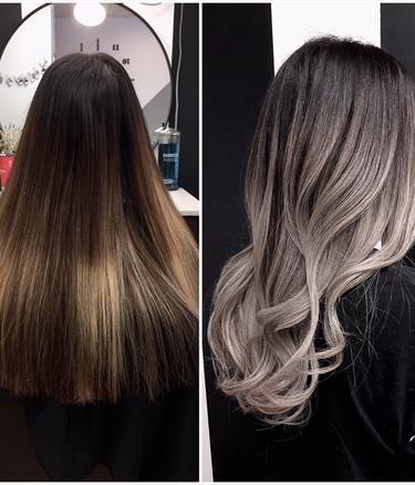 Smokey Ombre Hair, Ashy Blonde Root Melt, Ashy Blonde Formula, Ash Blonde Root Melt, Smokey Gray Hair Color, Platinum Balayage Dark Roots, Dark Roots Light Ends Brunettes, Ashy Blonde Balayage Dark Roots, Smokey Brunette Hair