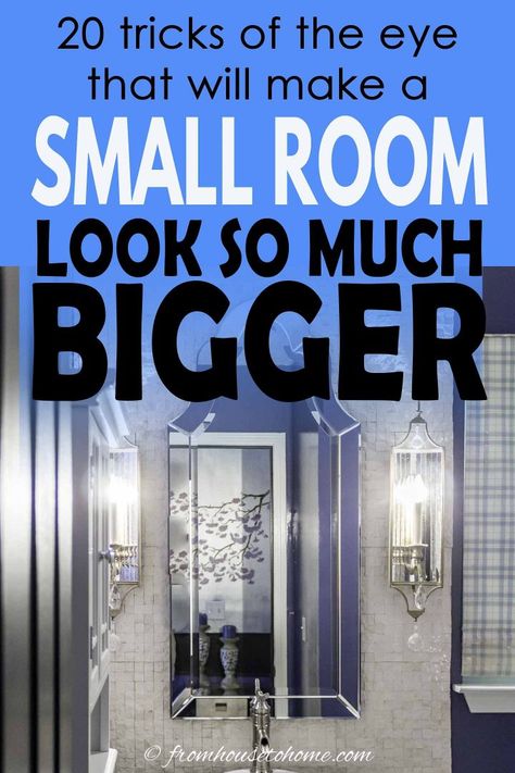 I love these small room decorating ideas! They are such simple ways to give the illusion of more space than there is and make a small room look bigger. Read it to find out more small bedroom decor ideas, small bathroom decor ideas and small living room decor ideas. | Decorating Ideas Small Room Look Bigger, Small Living Room Decor Ideas, Small Bathroom Decor Ideas, Room Look Bigger, Curved Floor Lamp, Small Bedroom Decor Ideas, Wallpaper Room, Design Motivation, Glass Dining Room Table