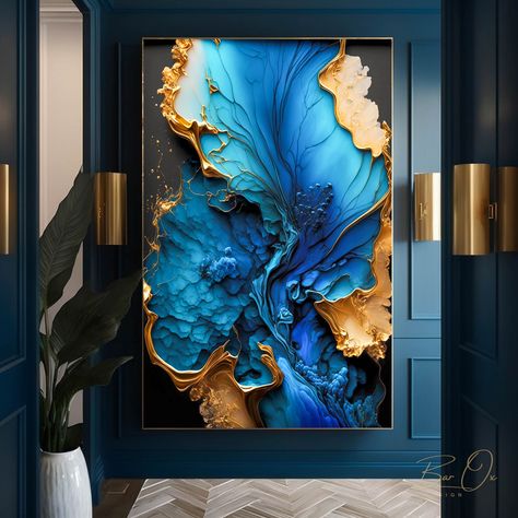 Art Trends 2023, Blue And Gold Painting, Fluid Art Painting, Gold Painting, Resin Wall Art, Girly Wall Art, Acrylic Artwork, Oversized Wall Art, Alcohol Ink Art