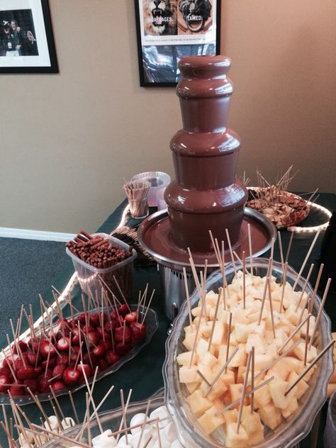 Choc Fountain Ideas, Baby Shower Chocolate Fountain, Chocolate Fountain Ideas, Chocolate Fountain Bar, Chocolate Fountain Machine, Chocolate Charcuterie, Smores Station, Sleepover Snacks, Chocolate Smores