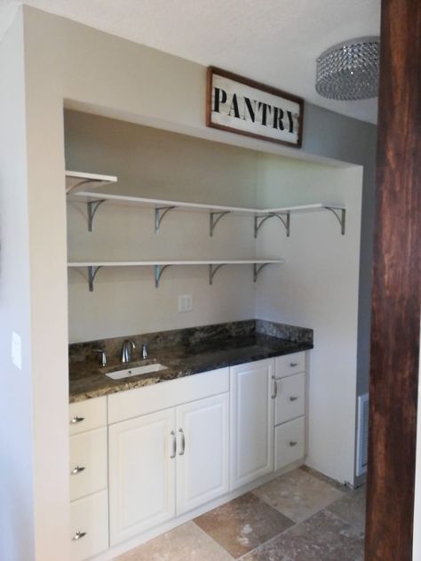 Converted laundry closet to pantry/coffee bar using  bathroom vanity, which was updated. Pantry Turned Coffee Bar, Convert Closet To Pantry, Pantry With Coffee Bar, Closet To Pantry Convert, Basement Sink, Closet To Pantry, Pantry Coffee Bar, Laundry Vanity, Cool Closet