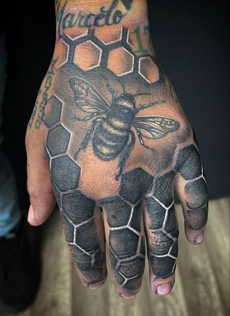 Bumble Bee Hand Tattoo, Bumblebee Hand Tattoo, Bee And Honeycomb Tattoo Sleeve, Honeycomb Tattoo Men, Bee Hand Tattoo, Chris Brown Neck Tattoo, Men’s Bee Tattoo, Bvb Tattoo, Left Hand Tattoo