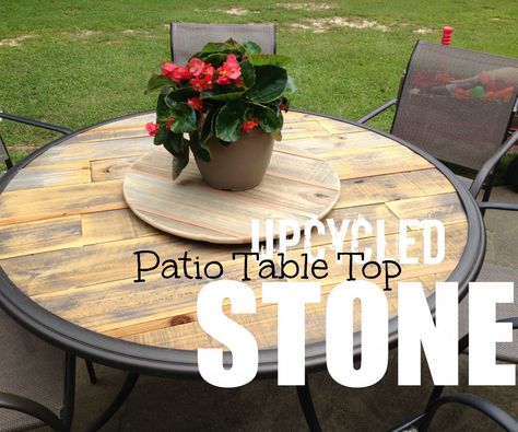 A lot of times when the glass breaks in our patio tables we discard them as if there's no fix. Why not make a top out of free pallet wood and give your table a unique look. In the video I explain my process. Enjoy. Table Top Replacement Ideas, Patio Table Redo, Wood Patio Table, Patio Table Top, Round Outdoor Table, Diy Patio Table, Patio Furniture Makeover, Round Patio Table, Pool Diy