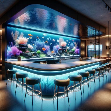 Create a captivating atmosphere with aquarium blue light bar decor. Dive into design tips to transform any bar into a calming, ocean-inspired escape with soothing blue hues and underwater vibes. 🌊🌊 #sipthestyle #bluebar #aquariumbar #bartheme #bardecor Fish Tank Bar, Aquarium Bar, Bar Decor Ideas, Small Aquarium, Blue Bar, Small Bar, Ocean Vibes, Ocean Inspired, The Calm