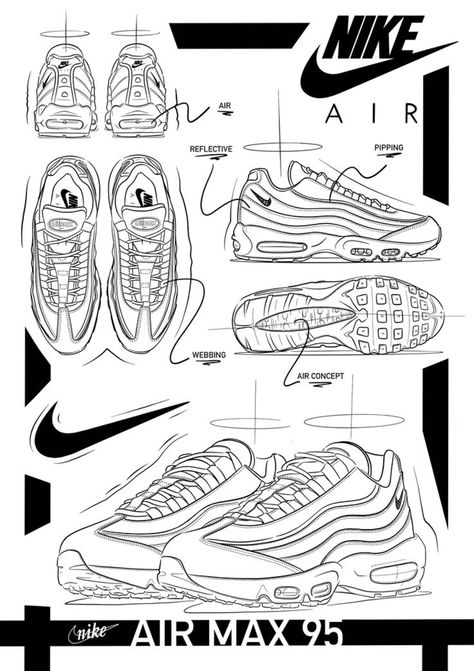 Air Max 95 Poster, Nike 95, Nike Design, Applied Arts, Nike Air Max 95, Air Max 95, Hand Drawing, Poster Wall, Air Max