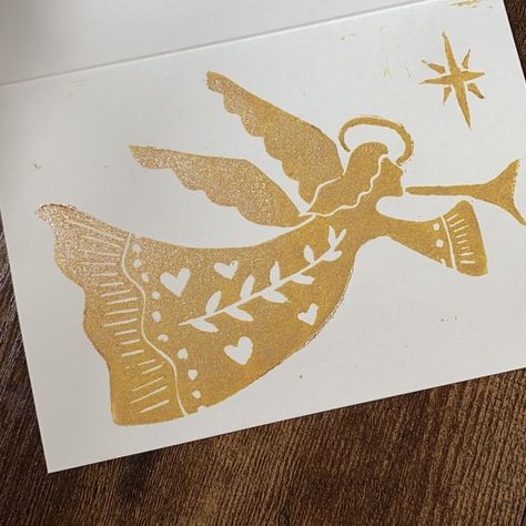 Angel Christmas Cards Diy, Christmas Angel Linocut, Angel Lino Print, Christian Linocut, Angel Linocut, Angel Graphic Design, Dove Christmas Card, Christmas Card Angel, Xmas Cards Diy