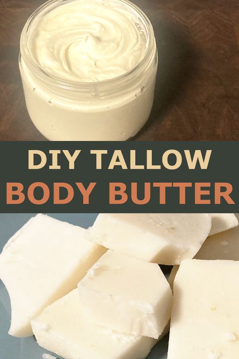 This homemade whipped tallow body butter lotion is fantastic for all skin types, especially dry skin. It is made from completely natural ingredients and essential oils and will keep your skin hydrated even in the driest climates! Whipped Lard Body Butter, Magnesium Tallow Body Butter, Homemade Whipped Lotion, Tallow Lotion With Jojoba Oil, Herbal Body Butter Recipe, Diy Whipped Tallow Body Butter, Tallow Shea Butter Lotion, Dry Skin Lotion Recipe, How To Make Whipped Tallow Lotion