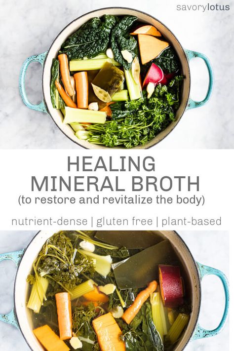 A simple recipe for a comforting and nourishing healing mineral broth that can be sipped on its own or used in soups and stews to restore and revitalize the body. A true medicinal tonic. #broth #mineralbroth #plant-based #soup #stock #savorylotus Healing Broth Recipes, Gut Healing Vegetable Broth, Mineral Broth Recipe, Healing Vegetable Broth, Simple Bone Broth Recipe, Best Vegetable Broth Recipe, Natural Antibiotic Soup, Vegetarian Bone Broth, Postpartum Soups And Stews