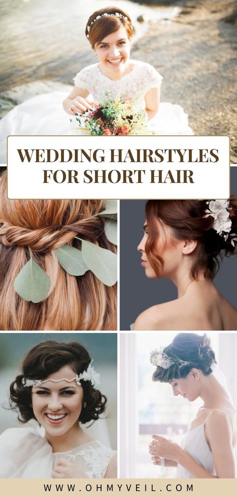 Discover the most elegant and stylish wedding hairstyles for short hair. These looks are perfect for brides wanting to shine on their wedding day without long locks. Wedding Short Hairstyles With Veil, Wedding Vail Short Hair, Short Veil Long Hair, Short Curly Wedding Hair With Veil, Short Veil With Flowers, Bride Hairstyles For Short Hair, Bride With Short Hair, Wedding Hairstyles Short, Hair With Veil