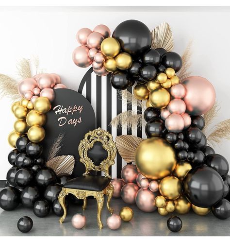 Pink Black And Gold Balloon Arch, Rose Gold Balloon Garland, African Cake, Gold Balloon Garland, Confetti Balloons Birthday, Black And Gold Balloons, 1 Balloon, Valentines Balloons, Garland Backdrops