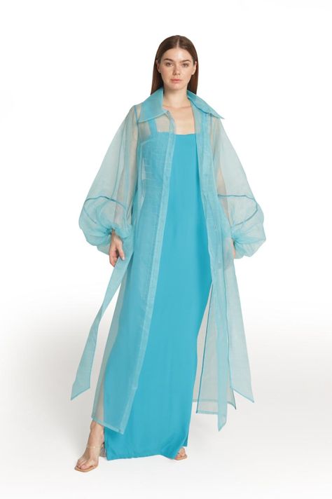 Baruni Lauren Jacket and Slip Dress - shop idPearl Organza Long Shirt Dress, Long Organza Jacket, Organza Jackets For Women, Organza Kimono Jackets, Slip Dress With Sleeves, Organza Dress Ideas, Organza Dress Design, Organza Outfits, Organza Kimono