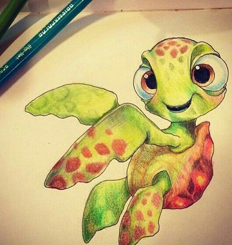 Sweet! Color Pencil Art Cartoon Characters, Disney Character Drawings Color Pencil, Turtle Drawing Color Pencil, Disney Color Pencil Art, Stitch Colored Pencil Drawing, Disney Character Drawings, Turtle Drawing, Cute Disney Drawings, Disney Art Drawings