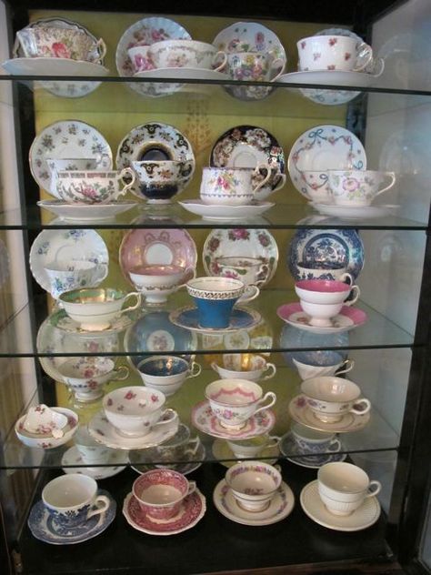 No Doors: Old Teacups, an Antique Cabinet and a Fancy Party Cup Collection Display, Blue And White Living Room, Tea Decor, Tea Cup Collection, Chai Recipe, Cup Collection, Collection Display, Antique Cabinets, Fancy Party