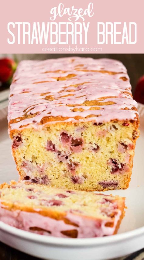 Loaded with fresh chopped strawberries, this moist STRAWBERRY QUICK BREAD is perfect any time of day. A lusciious strawberry glaze makes it simply irresistible! #strawberrybread #strawberryglaze #quickbread @Creations by Kara Best Strawberry Bread, Strawberry Bread Recipe, Bread With Strawberries, Bread Strawberry, Strawberry Bread With Strawberry Glaze, Strawberry Bread Frozen Strawberries, Strawberry Bread Recipes, Strawberry Bread, Betty Crocker Recipes