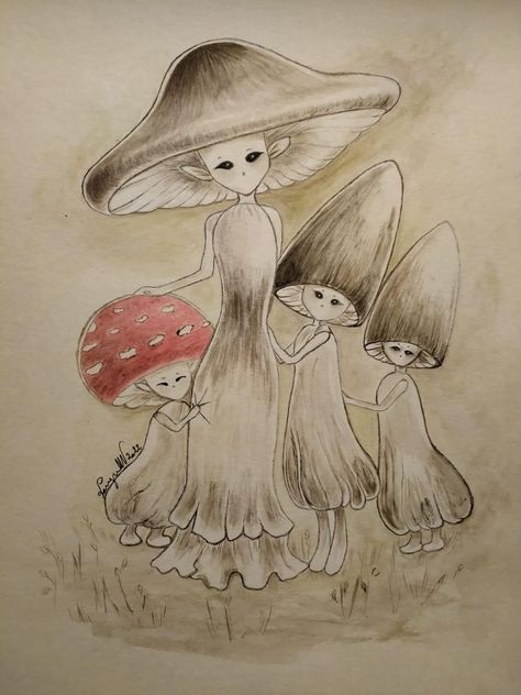 Naked Mushroom Lady Drawing, Mushroom People Drawings, Magical Tree Drawing, Mushroom Princess, Halloween Mushrooms, Mushroom Drawing, Magical Tree, Cool Pencil Drawings, Creature Drawings