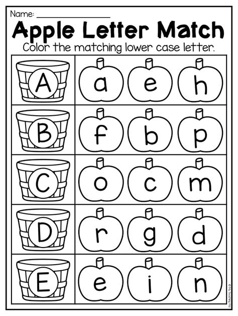 Apple Alphabet Letter Match Worksheet. This Fall Kindergarten Math and Literacy Worksheet Pack features 51 NO PREP worksheets. The pack features so many diverse activities relating to beginning sounds, ending sounds, short vowels, CVC words, alphabet work, syllables, rhyming, number order, counting, addition, subtraction, place value, shapes, pattersn, word problems and so much more!! These worksheets are ideal for literacy centers, math centers, phonics interventions, home-schooling or whole cl Ending Sound Worksheets For Kindergarten, Vowels For Preschoolers, Vowels Activities Preschool, Kindergarten Math Review, Letter Matching Worksheet, Match Worksheet, Kertas Kerja Prasekolah, Alphabet Letter Matching, Apple Alphabet