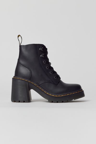 6-eye bootie from Dr. Martens in premium Sendal leather. Lace-up silhouette with a treaded sole and flared high heel. Features Heeled booties from Dr. Martens Lace-up style Content + Care Leather, rubber, synthetic Wipe clean Imported Size + Fit Platform: 1.25" h Heel: 3.75" h | Dr. Martens Jesy Sendal Lace-Up Heeled Boot in Black, Women's at Urban Outfitters High Heel Doc Martens, Doc Marten Heels, Heel Boot Outfits, Dr Martens High Heels, Doc Martens Heels, Doc Marten, Doc Martens, Leather Lace, Boots Outfit