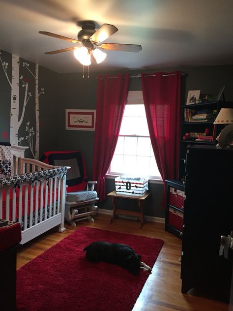 Red, white, and navy nursery Red And Black Nursery, Red Nursery Boy, Gold Baby Nursery, Red Nursery, King Room, Grey Nursery Boy, Navy Nursery, Black Nursery, Rose Nursery