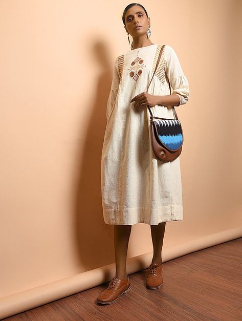 Buy Ivory Cotton Khadi Embroidered Dress with Gathers The Jaypore Label Embroidery Edit Dainty motifs on summer cottons in cool shades of Online at Jaypore.com Khadi Kurti, Silk Outfits, Silk Kurti, Embroidery On Kurtis, Silk Suit, Embroidered Clothes, Summer Cotton, Buy Dress, Embroidered Dress