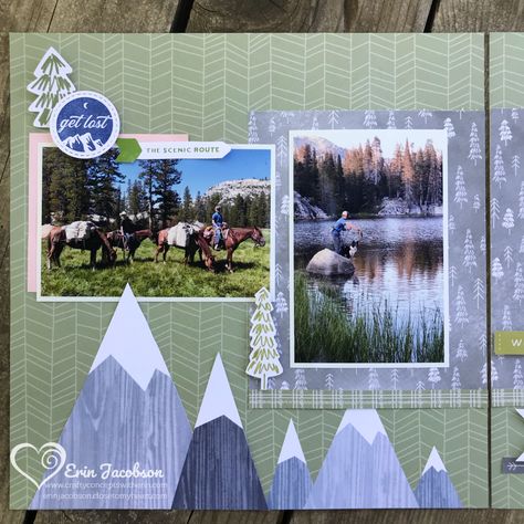 Into The Wild – Crafty Concepts with Erin Scrapbook Mountains Ideas, Mountain Scrapbook Pages, Mountains Scrapbook Layouts, Colorado Scrapbook Layouts, Mountain Scrapbook Layouts, Mountain Scrapbook, Scrapbooking Alaska, Camping Scrapbook, Cruise Scrapbook