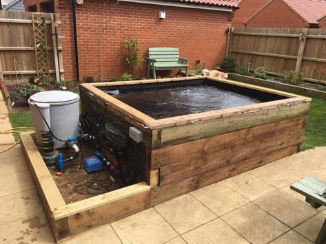 Sleeper Pond, Raised Koi Pond, Pond Diy, Above Ground Pond, Sleeper Wall, Diy Ponds Backyard, Container Pond, Raised Pond, Ponds For Small Gardens