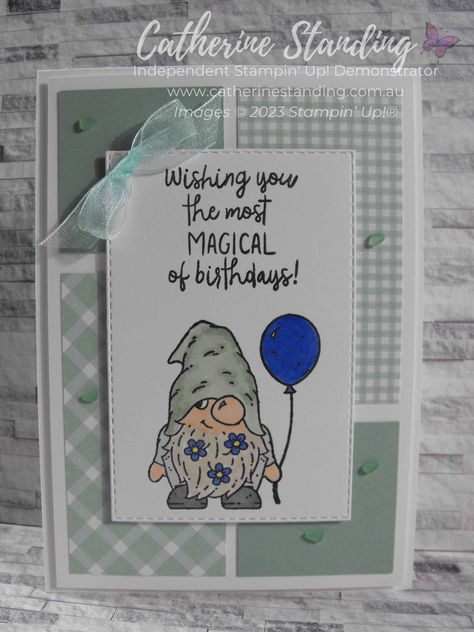 Card featuring Stampin' Up! Friendly Gnomes stamp set with images coloured with Stampin’ Blends. #cardcreationswithcatherine #stampinup #cards #cardmaking #papercraft #handmadecards #friendlygnomes #gnome #heart #stampinblends Stampin Up Gnome Birthday Cards, Stampin Up Friendly Gnomes Birthday Cards, Stampinup Friendly Gnomes, Gnome Birthday Cards Handmade, Stampin Up Gnomes 2022, Friendly Gnomes Stampin Up Cards, Kindest Gnomes Stampin Up Cards, Stampin Up Friendly Gnomes, Stampin Up Gnomes