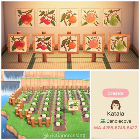 Kristian Kenneth on Instagram: “The detailing in these fruit signs is the best I've seen so far. 🍑🍒🍎🍐 There is also one for turninps. Designed by katalaambrin on twitter.…” Animal Crossing Qr Codes, Nintendo Switch Animal Crossing, Motif Acnl, Fruit Animals, Animal Crossing 3ds, Ac New Leaf, Animal Crossing Guide, Acnh Design, Acnh Designs